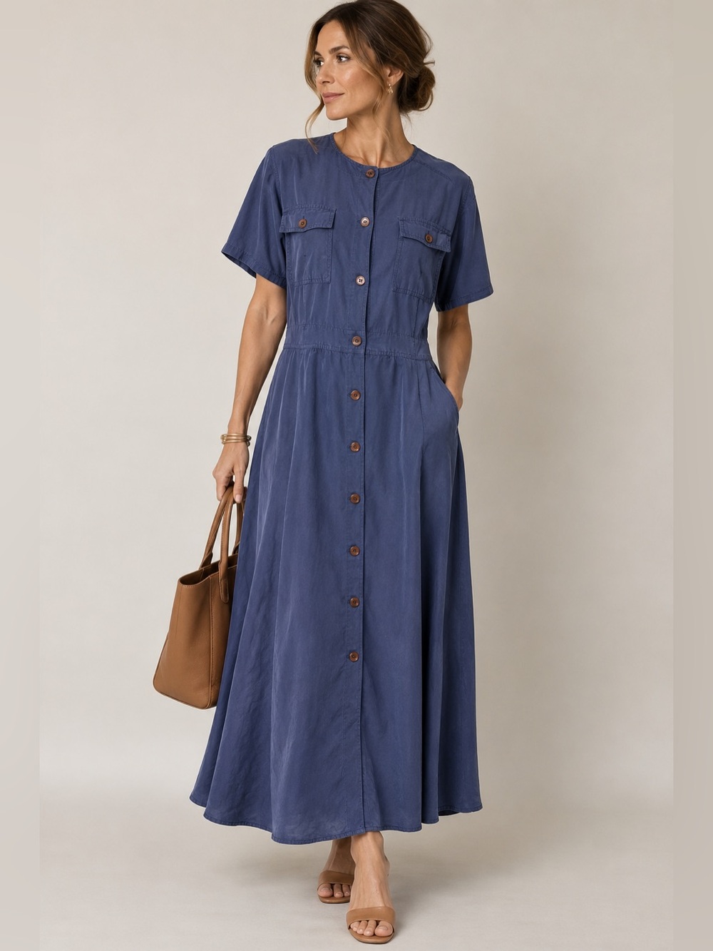 Argenti Blue Silk Maxi Dress 8 Button Front Quiet Luxury Minimalist